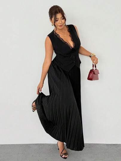 Firerie Plus Size Women Solid Color Contrast Lace Single-Breasted Vest And Pleated Midi Skirt Elegant Suit Set