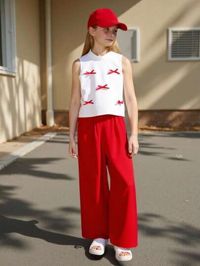 2 piezas Conjunto de top sin mangas con lazo 3D rojo y blanco y pantalones casuales sueltos para niñas, adecuado para actividades al aire libre, fiestas, primavera/verano