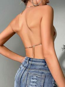 BamGleam Top halter metálico con escote drapeado y espalda descubierta, top brillante con pedrería, adecuado para bar, fiesta, carnaval, ropa de club - Dorado - Ver 2