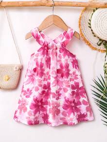 SHEIN Playful Pals 女婴碎花彩色吊带连衣裙，优雅休闲可爱夏季度假装 - 粉色 - 查看 10