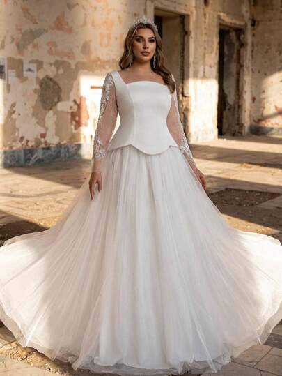 Glamrae Plus Size Elegant Luxurious Romantic White Wedding Dress With Satin & Mesh Patchwork, Asymmetric Collar, Floral Applique, Long Sleeve, A-Line Hem, Bridal Gown For Wedding Ceremony, Valentine's Day