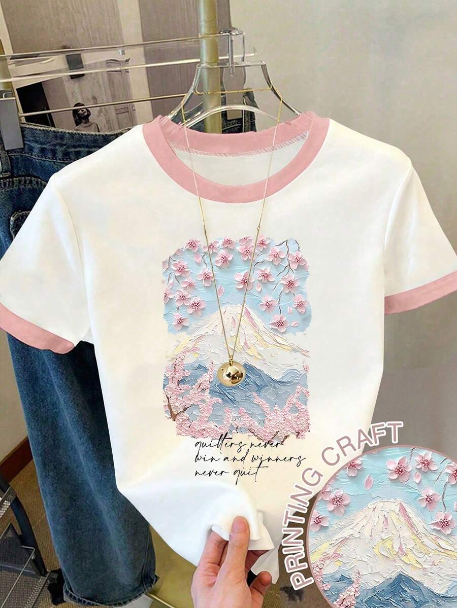 1 chiếc áo thun ngắn tay cổ tròn ôm sát, in hình và chữ dễ thương, phối màu tương phản, dành cho thanh thiếu niên. Bộ áo thun đáng yêu, áo phông in hình phù hợp cho tuổi teen. - trắng - Xem 1