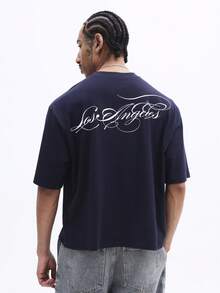 SUMWON Men Graphic Script Los Angeles Tee Navy Crew Neck Short Sleeve Regular Fit Casual Cotton T-Shirt - Navy Blue - View 1