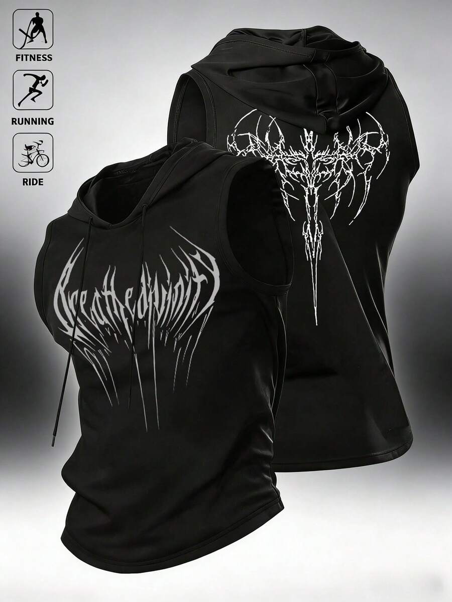 Manfinity Acti Log Men's Gothic Print Drawstring Hooded Tank Top - Black - View 1