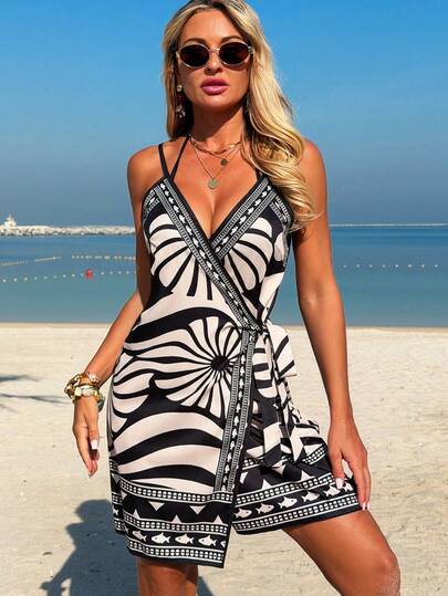 Swim Vcay Vestido de playa para mujer, vestido de cubierta con estampado floral, tirantes finos y lazo delantero, primavera/verano