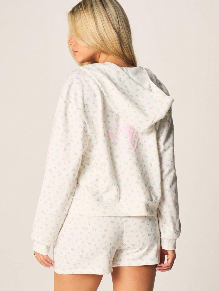 MISSGUIDED Floral Print Full-Zip Hoodie And Centre Pocket For Casual Spring Everyday Wear