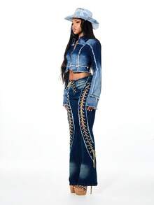 SUMWON WOMEN 做旧拼接牛仔短款拉链夹克，毛边下摆细节，秋冬外套 - 藍色 - 查看 5