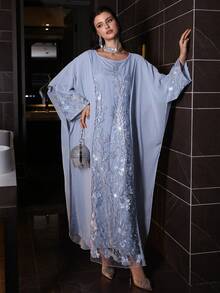Layrah Luxury Blue Chiffon Patchwork Beaded Embroidered Batwing Dress, Spring/Summer - Blue - View 9