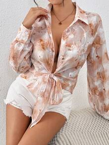 Rafferiza Áo kiểu tay dài bằng vải chiffon in họa tiết, khoét eo, đính đá lấp lánh, buộc dây ở gấu áo. - Nhiều màu - Xem 4