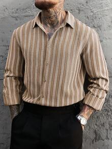 Manfinity CasualCool Minimalist Men's Long Sleeve Button Front Khaki Striped Regular Shirt In Woven Fabric For Casual Wear - Khaki - View 6