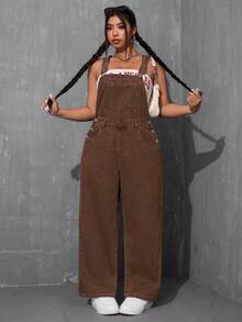 SHEIN ICON 大码纯色口袋休闲背带连体裤 - 棕色 - 查看 1