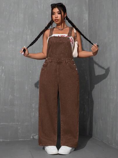 SHEIN ICON Plus Size Solid Color Pocket Casual Bib Overall Jumpsuit