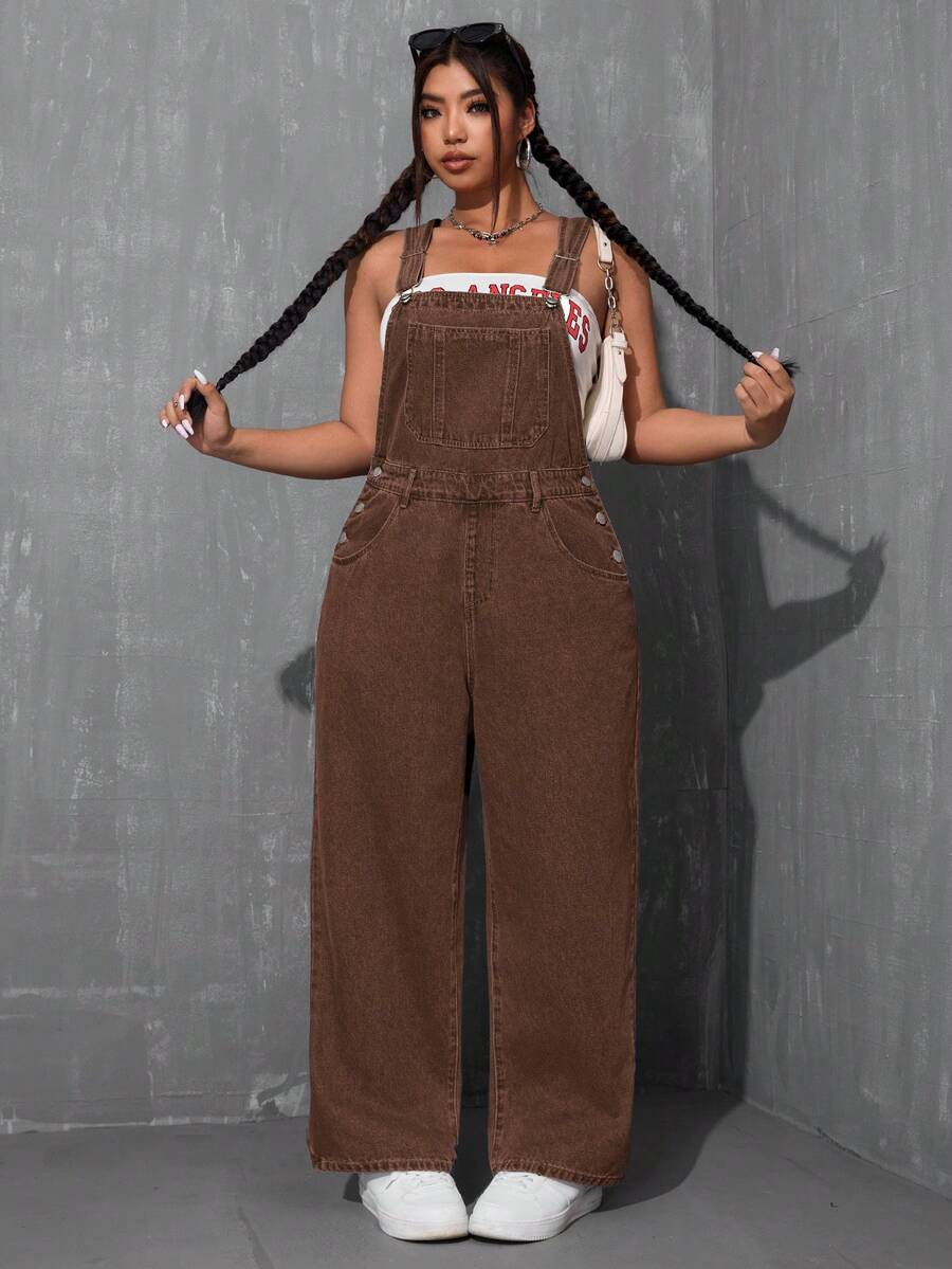 SHEIN ICON 大码纯色口袋休闲背带连体裤 - 棕色 - 查看 1