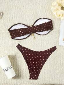 Swim Mod 两件套女士优雅波点印花金属链吊带露脐上衣和性感比基尼泳裤沙滩泳装套装，适合海滩、泳池派对、度假村等场合。 - 彩色 - 查看 2