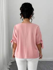 Elenzga 优雅时尚圆领荷叶边系带半袖珍珠装饰大码女式衬衫春夏上衣优雅休闲女士衬衫粉色夏季上衣 - 粉色 - 查看 2