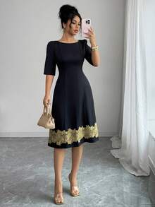 SHEIN ChicEase Women's Black Scoop Neck Floral Lace Patchwork Midi Dress - Black - View 6