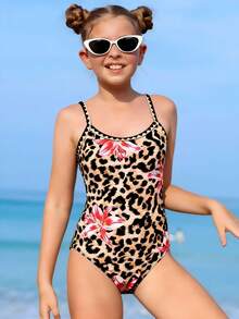 Tween Girl Leopard & Floral Print Spaghetti Strap One-Piece Swimsuit - Multicolor - View 1