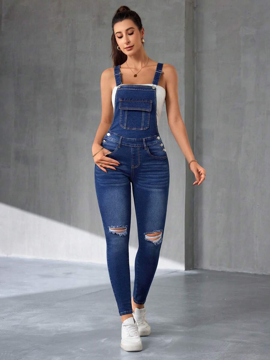 Flexra Slim Fit Sleeveless Square Neck Tie Pocket Distressed Casual Versatile Denim Jumpsuit - Dark Wash - View 1