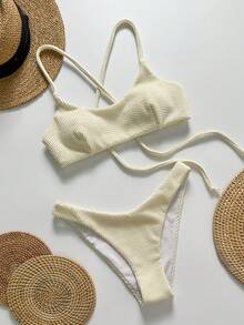 Swim Vcay Women's Jacquard Fabric Spaghetti Strap Criss-Cross Back Bikini Set, Spring/Summer - Beige - View 2