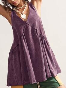 Bohemela Đầm ngắn nữ dáng rộng, cổ chữ V, màu trơn, chất liệu dệt kim, kiểu dáng thường ngày. - Màu tím - Xem 5