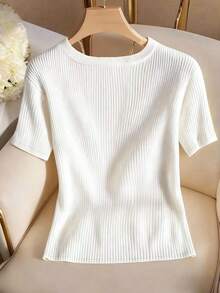 Franclia Women's Elegant Casual Ribbed V-Neck Short Sleeve T-Shirt - White - View 2