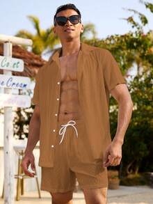 Manfinity KASUA Men's Solid Color Casual Beach Vacation Outfit - Khaki - View 3
