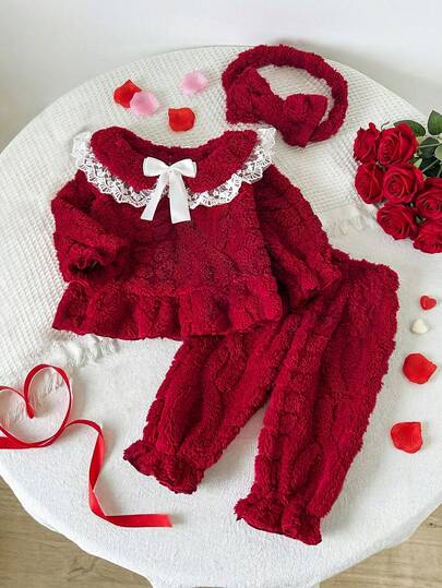 SHEIN Playful Pals 3件套女婴优雅可爱加厚柔软条纹法兰绒亲肤蕾丝边彼得潘领长袖上衣、裤子、蝴蝶结发带三件套