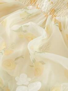 SHEIN 女嬰淡黃色夏季休閒可愛花童派對洋裝 花卉數位印花吊帶收腰傘裙公主風 - 黃色 - 查看 8