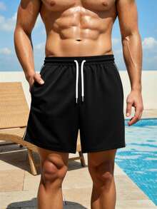 Manfinity KASUA Men's Elastic Waist Drawstring Loose Casual Beach Shorts, Summer - Black - View 4
