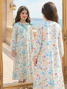 Tween Tween Girls Traditional Middle Eastern Casual Butterfly Decor Collar Elegant Dress - Multicolor - View 4