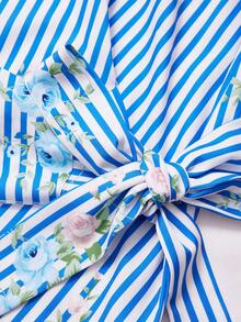 GlowEve CURVE Women's Blue And White Striped Floral Print Tie Front Short Sleeve Blouse,Summer Tropical Vacation Holiday Casual Tops Filipiniana Shirts & Blouses - Multicolor - View 4