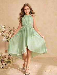 SHEIN 1件少女优雅雪纺露背无袖修身连衣裙，后背拉链，适合日常、派对、婚礼、伴娘等场合，浅绿色 - 綠色 - 查看 7