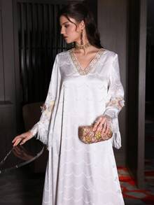 Layrah Elegante y lujoso vestido con cuello en V, mangas acampanadas con flecos y asimétrico, para primavera/verano - Blanco - Ver 7