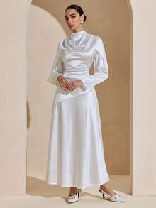 Graceveil Đầm dài tay thanh lịch, màu trơn, bóng bẩy, xếp ly, thắt eo, tinh tế dành cho nữ. - Màu be - Xem 7