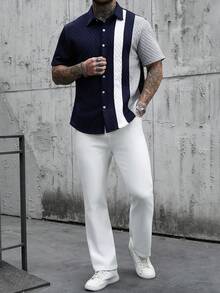 Manfinity Homme 男士条纹单排扣休闲/商务短袖衬衫 - 彩色 - 查看 5