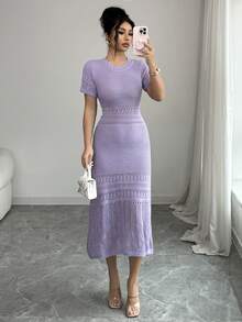 Elenzga 女士春夏新款嘉年华圆领收腰中长款优雅女士法式约会百搭时尚喇叭下摆针织短袖连衣裙 - 紫色 - 查看 4