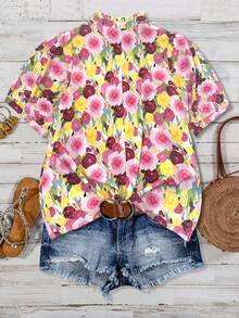 Linhara Large-Sized Woven Casual Vacation Printed Summer Women's Shirt - Pink - View 6