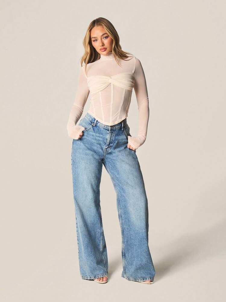 MISSGUIDED Top de manga larga con cuello alto, estilo corset, con detalle en el busto y acento de lazo delantero para usar en capas en atuendos de otoño e invierno
