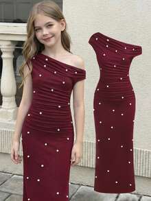 SHEIN Vestido elegante con aplicaciones de strass para niña preadolescente con bolso de hombro - Burdeos - Ver 10