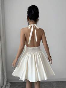 Rafferiza Halter Backless Metal Button Front Waist Fitted Mini Dress - Apricot - View 2