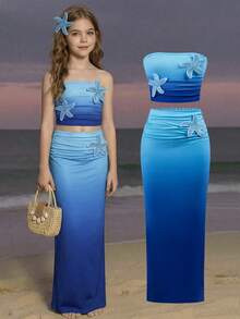 SHEIN Tween Girl Light Blue Mermaid Tie Dye Gradient Starfish Deco Tank Top And Mid Skirt 2pcs Set,Summer Holiday Vacation Outfit For Beach Music Festival - Blue - View 13