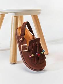 Mini mi #SweetPrincess Girl's Tassel & Bead Decor Soft-Footbed Suede Coffee Slingback Clog With Lightweight EVA Outsole – Cute, Cozy & Comfortable - Brown - View 3