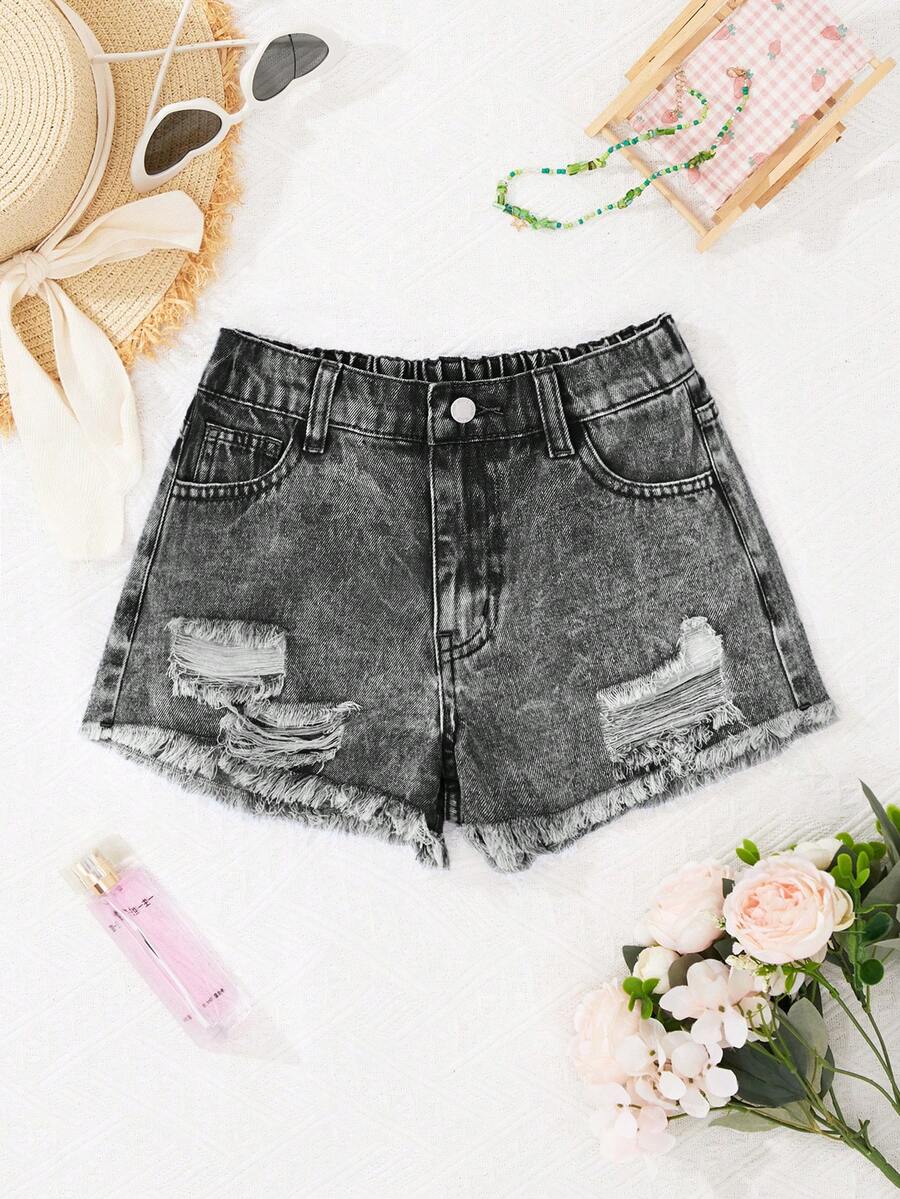 SHEIN Quần short denim cạp thấp rách gấu, phong cách Y2K cho bé gái tuổi teen, thích hợp cho kỳ nghỉ xuân hè, phong cách boho, đi biển, dự tiệc, lễ hội, tiệc tùng, tốt nghiệp. - màu đen - Xem 1