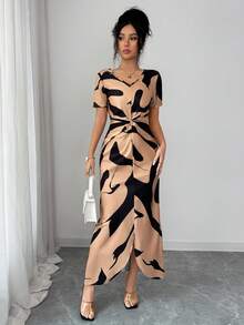 Elenzga Đầm hè thanh lịch dành cho nữ, cổ chữ V phối màu tương phản, vạt trước xoắn bất đối xứng. - Nhiều màu - Xem 4