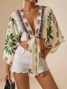 Vesra 女士夏季度假椰树印花蝙蝠袖系带衬衫 - 橄欖綠 - 查看 4