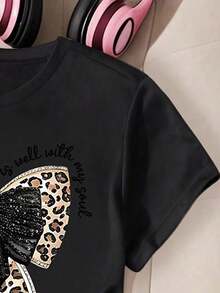 Tween Girl Black Round Neck Short Sleeve Graphic Tee, Young Girl Casual Comfortable Fashion Versatile Leopard Print Bow Design Short Sleeve Graphic Tee, Suitable For Daily Wear, School, Outdoor Activities - Black - View 4