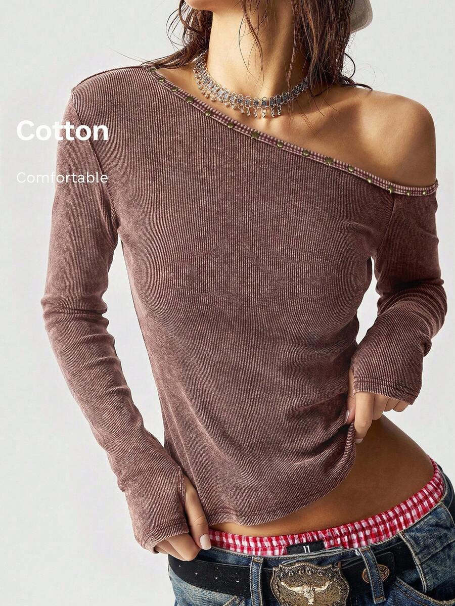 Bohemela Áo thun nữ tay ngắn dệt kim màu trơn, kiểu dáng bất đối xứng, vai lệch, phong cách thường ngày. - Đỏ - Xem 1