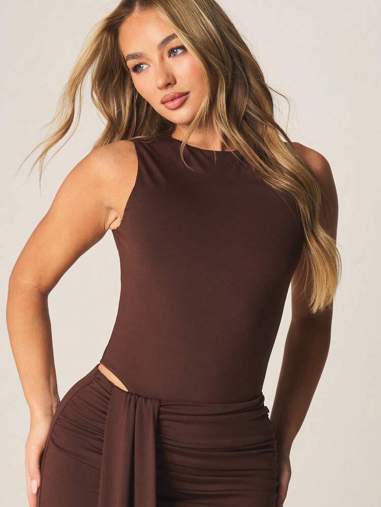 MISSGUIDED Double Layered Racer Neck Bodysuit With Ruched Maxi Skirt Co-Ord Set Two Piece Sleeveless Fitted Outfit