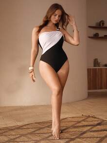 Swim Chiccia Plus Size Women's Black & White Patchwork One-Piece Backless Tie-Front Swimsuit,Classy Holiday Vacation Summer Beach Shapewear Bathing Suit - Black and White - View 5