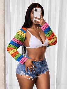 SHEIN BamGlam Áo khoác cardigan nữ họa tiết sọc nhiều màu sắc, nhẹ nhàng, thích hợp cho kỳ nghỉ hè/xuân ở bãi biển. - Nhiều màu - Xem 5